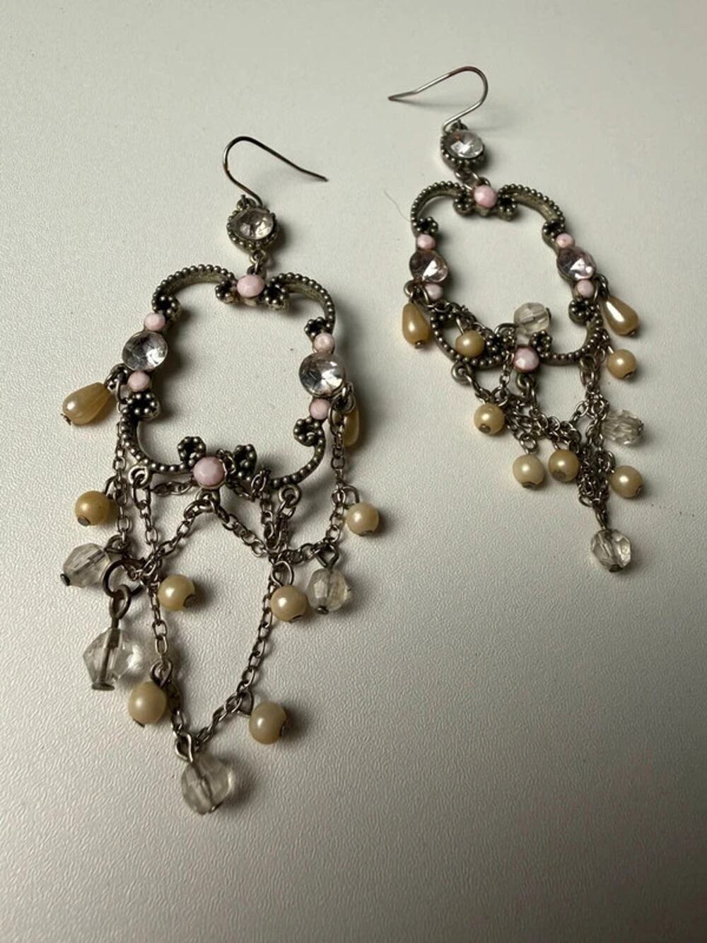 Vintage Silver Tone Chandelier Earrings Pink Faux Pearl Crystal Dangles 3”